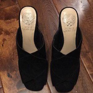 Vince Camuto stacked heel open toe sandal.